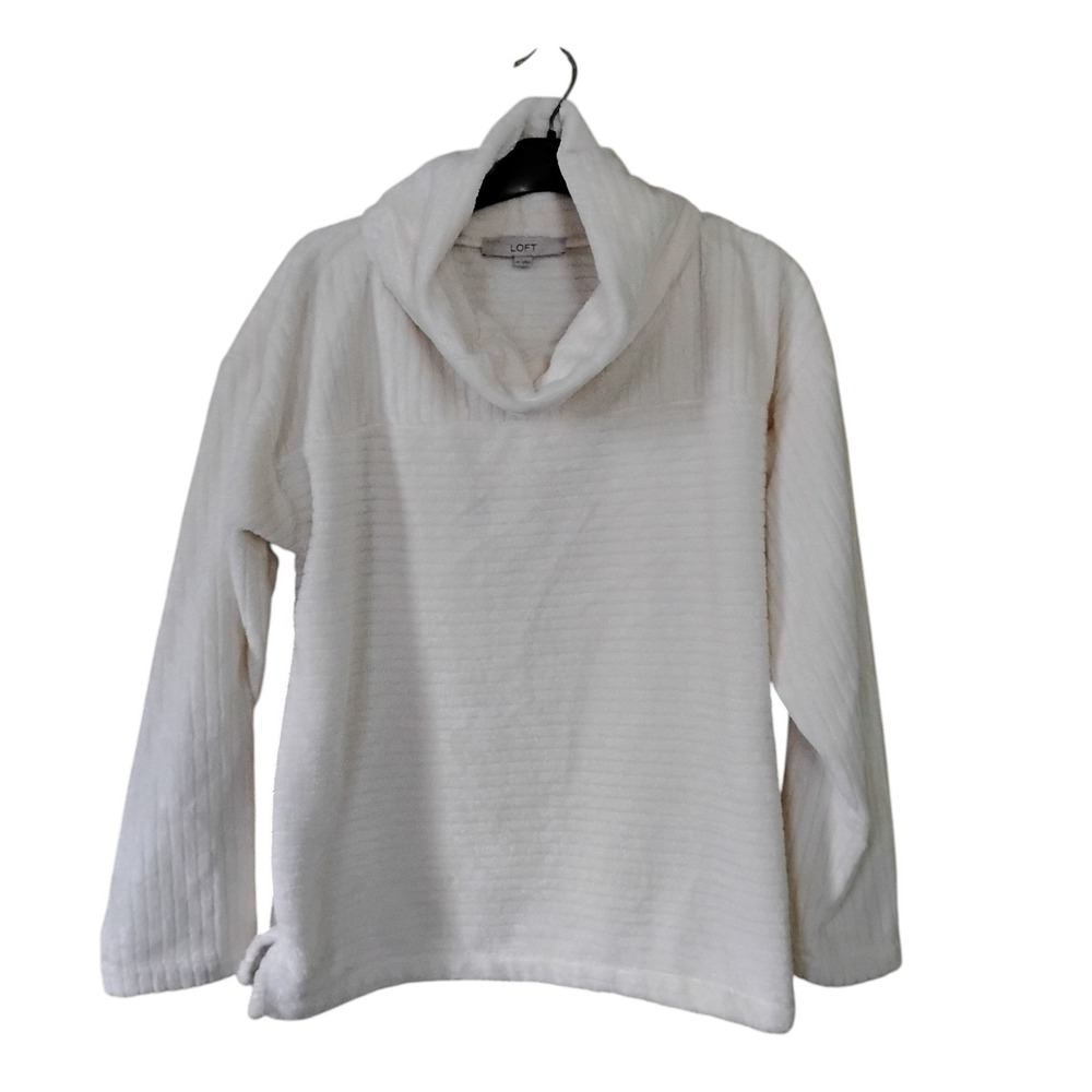 Loft Faux Fur Cowl Neck Pullover Sweater Cream White Ribbed Plush Size M